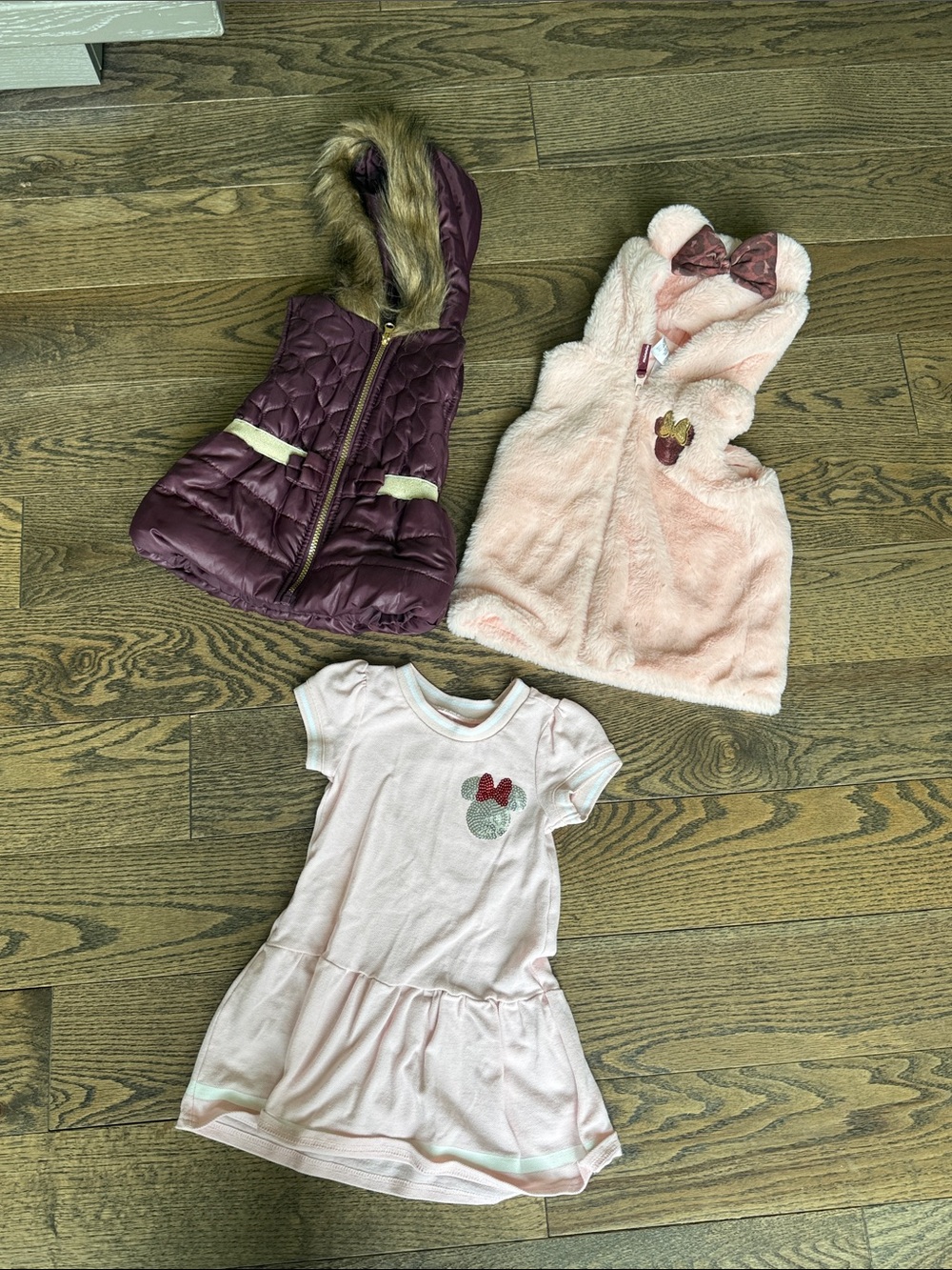 Disney Minnie Mouse Pink Plush Hooded Vest & Dress Set 3T bundle DISNEY